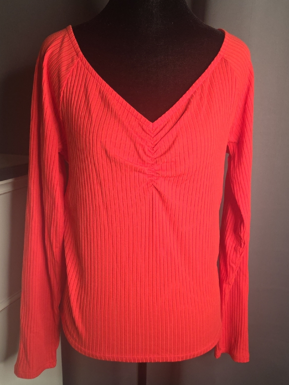 Old Navy Coral Ribbed V-Neck Long Sleeve Top
